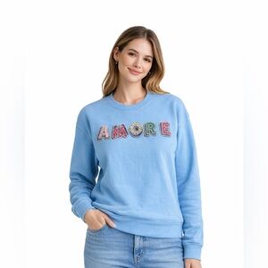 Endless Rose Amore Embellished Sweatshirt XS Light Blue Cotton Blend NWOT